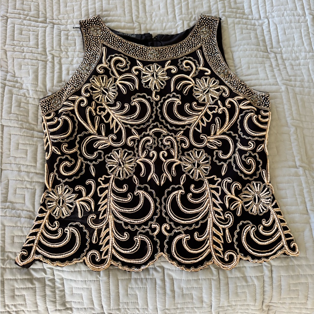 J Kara Black and Gold Embroidered Tank Top